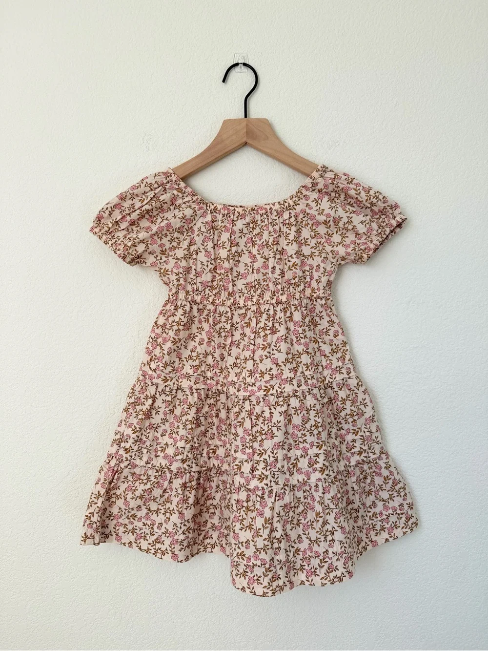 Quince Girls' Peach Floral Smocked Tiered Dress 3T